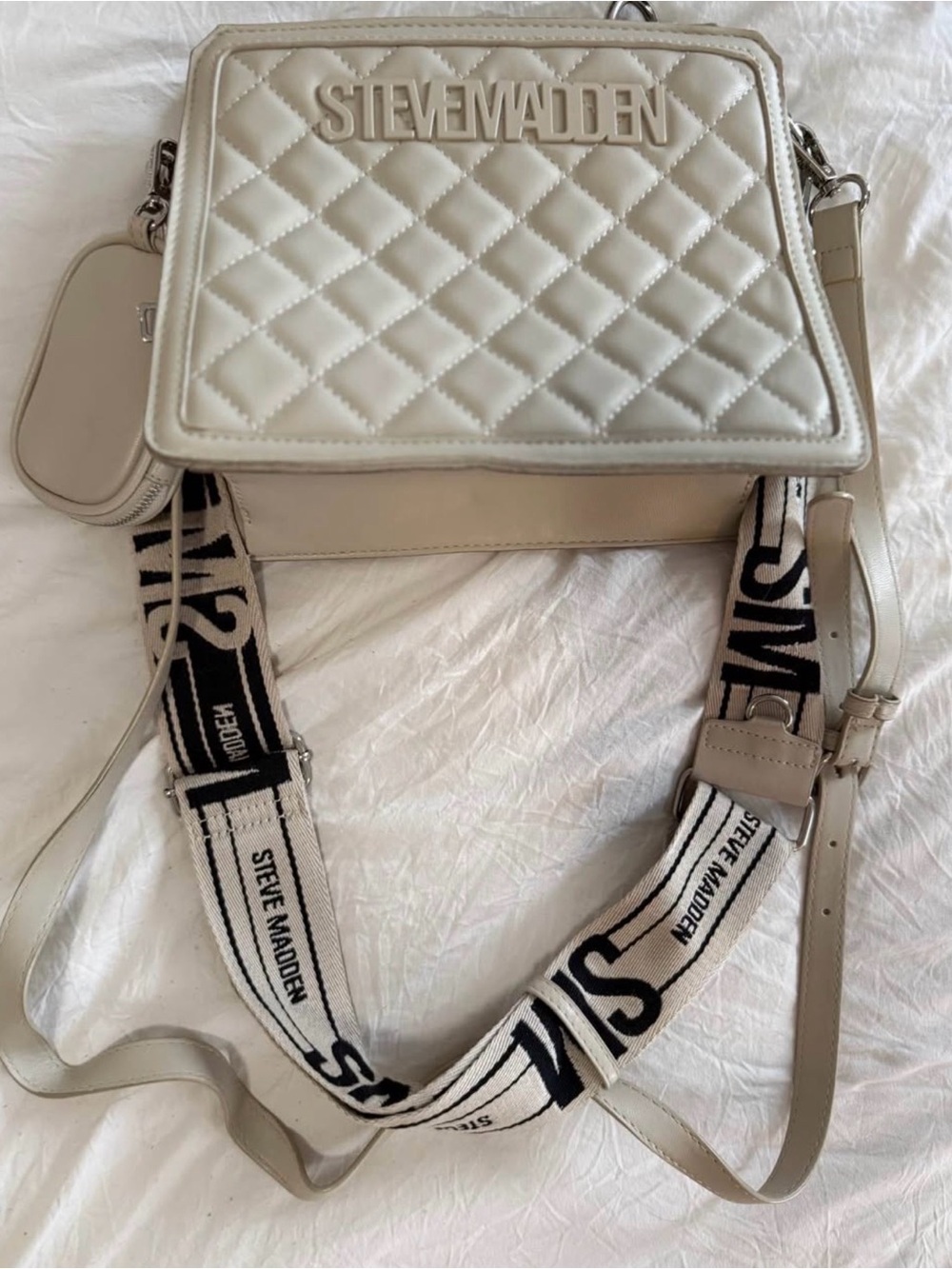 Steve Madden Quilted Cream Crossbody with Branded Strap